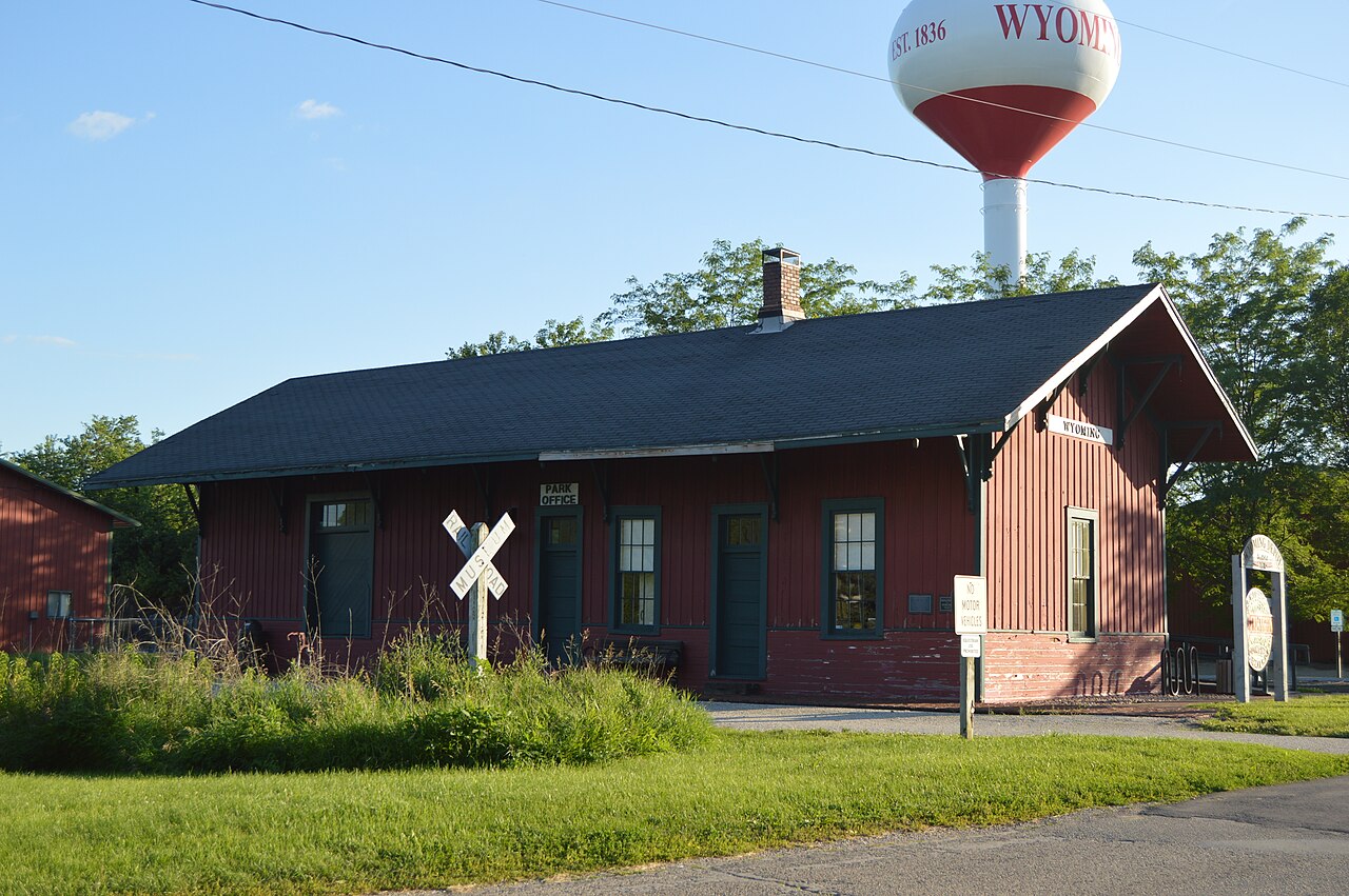 Front and northern side of the Wyoming CB&Q depot , located on the southern side of Williams Street along a rail trail in far eastern Wyoming , Illinois , United States